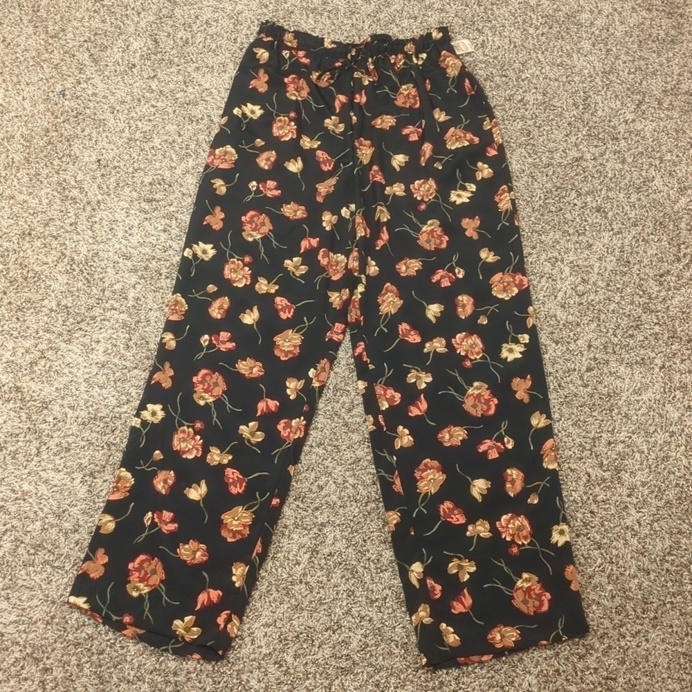 Lord & Taylor vintage rafaella black satin floral high rise wide leg pants